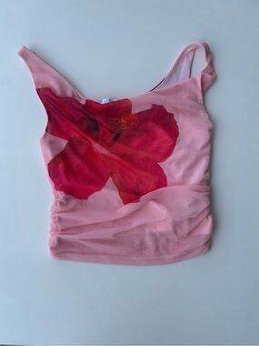 Pink Hibiscus Floral Mesh Ruched Asymmetric Crop Top Women’s Size S NWOT